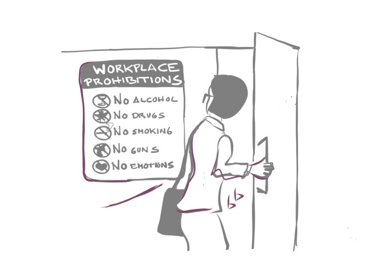 Sign prohibiting emotions at work job purposing cartoon by Bea Boccalandro
